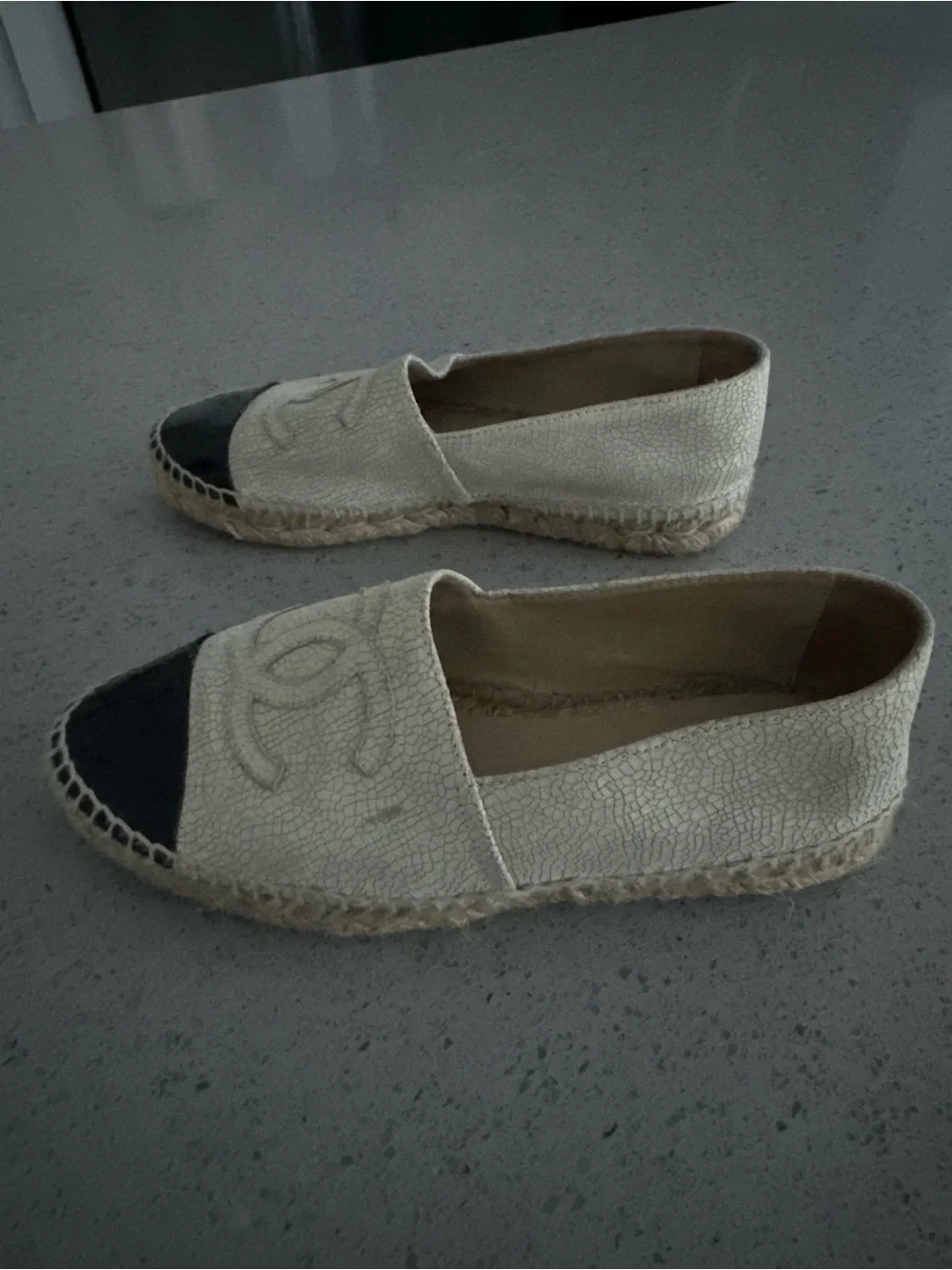 CHANEL Two-Tone Crackle Espadrilles in Cream and Black